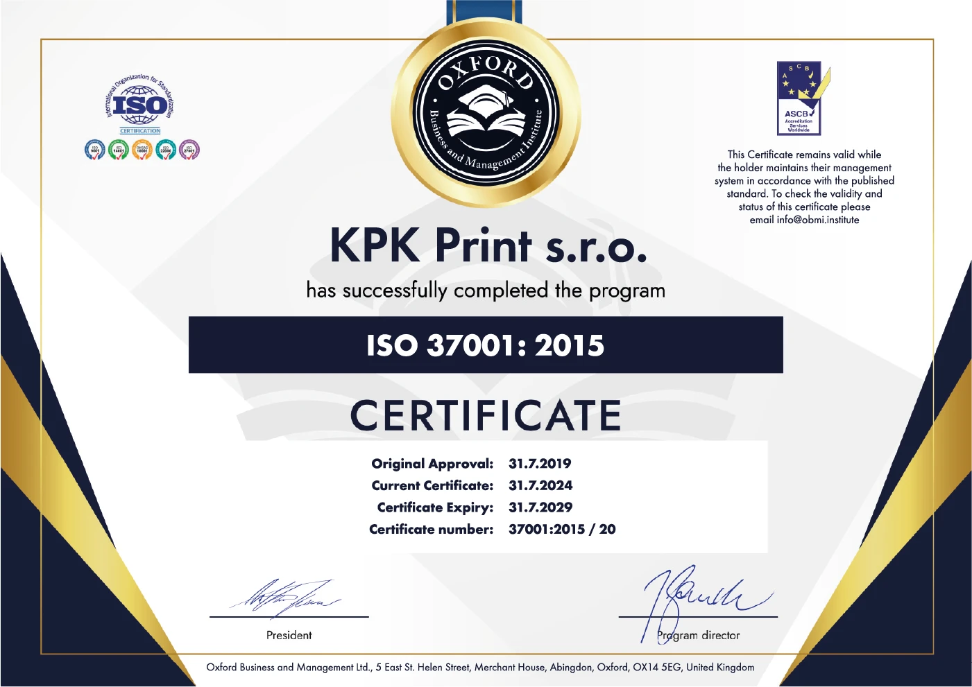 Certifikát: iso 37001-2015